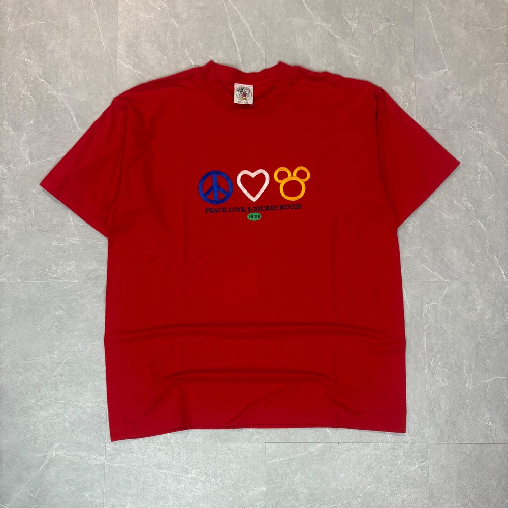 Mickey & Co Red Peace Love Mickey Mouse Embroidered Single Stitch T-Shirt XXL